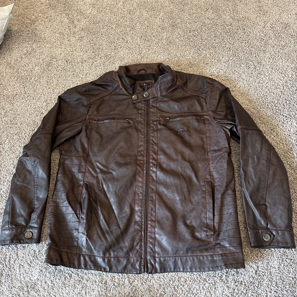 Hard Rock Guitar Company Hard Rock Cafe Brown Leather Full Zip Up Jacket Moto